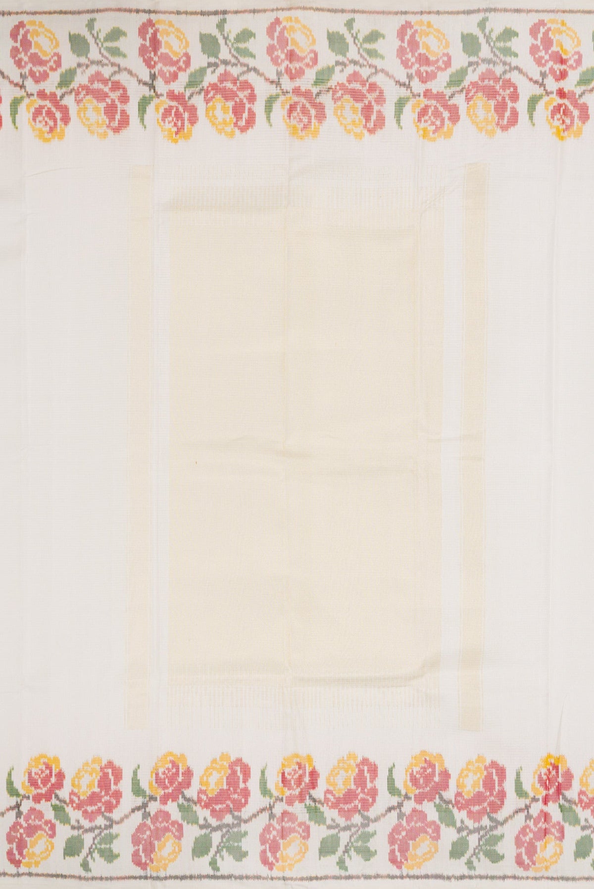 Close up image of the pallu of Off White Dual Tone Double Ikat Saree with Stripes on the body and Ikat Border. 