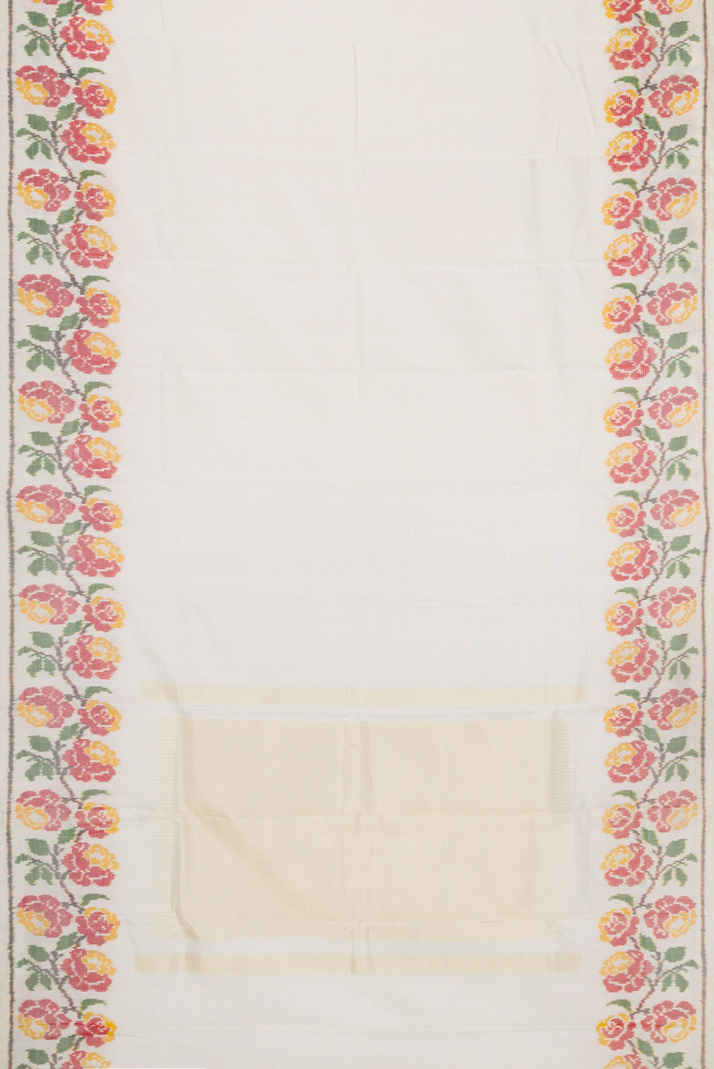 Flat view of Off White Dual Tone Double Ikat Saree with Stripes on the body and Ikat Border. 