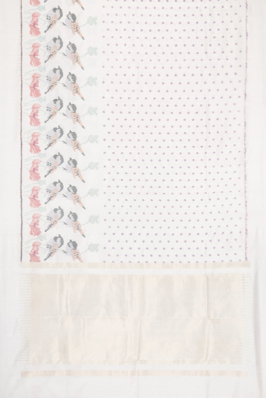 Flat view of White Dual Tone Rajkot Patola Silk Saree with Ikat Print on the body and Ikat Border. 