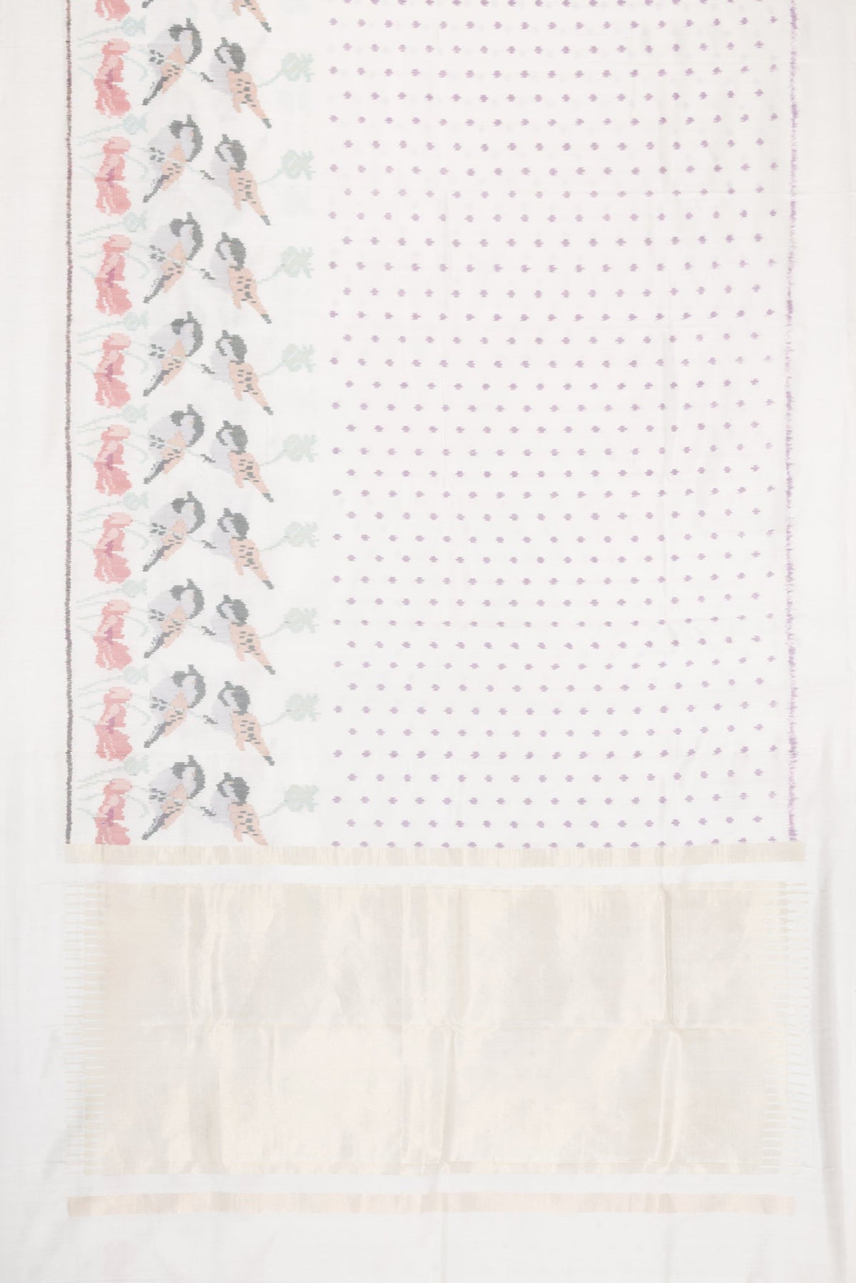 Flat view of White Dual Tone Rajkot Patola Silk Saree with Ikat Print on the body and Ikat Border. 