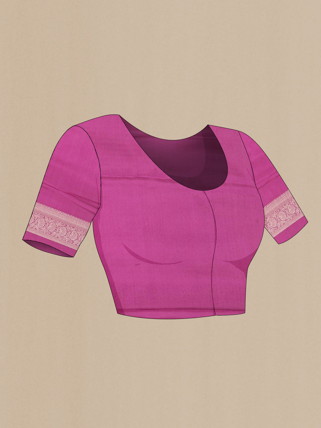 Close up image of the blouse of Magenta Mysore Crepe Saree with Stripes on the body and Zari Border