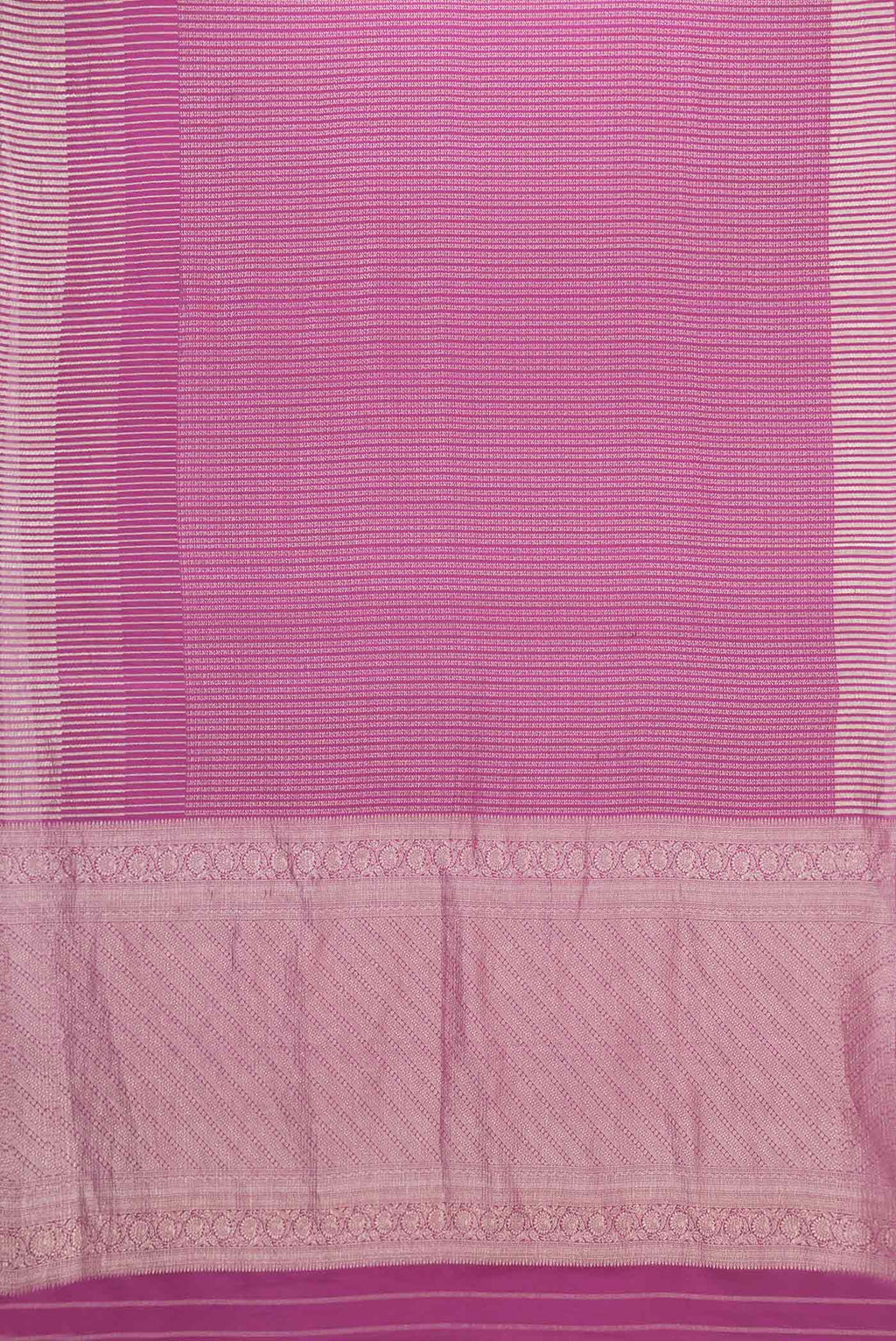 Flat view of Magenta Mysore Crepe Saree with Stripes on the body and Zari Border
