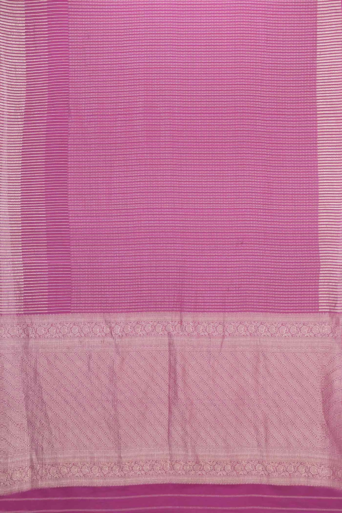 Flat view of Magenta Mysore Crepe Saree with Stripes on the body and Zari Border