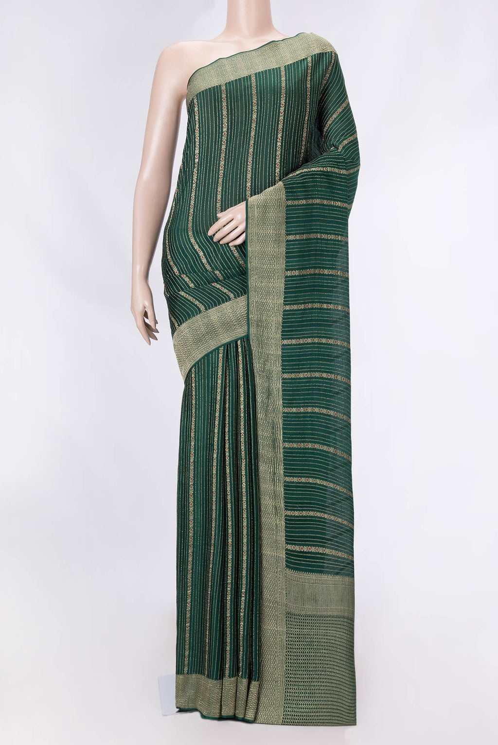 Green Dual Tone Mysore Georgette Saree with Zari Brocade on the body and Zari Border displayed on a mannequin