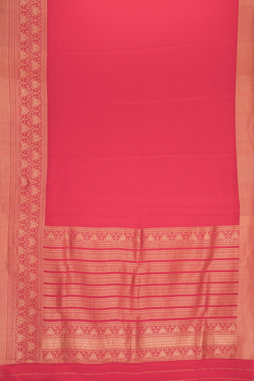 Flat view of Red Dual Tone Mysore Crepe Saree with Plain Body and Zari Border. 