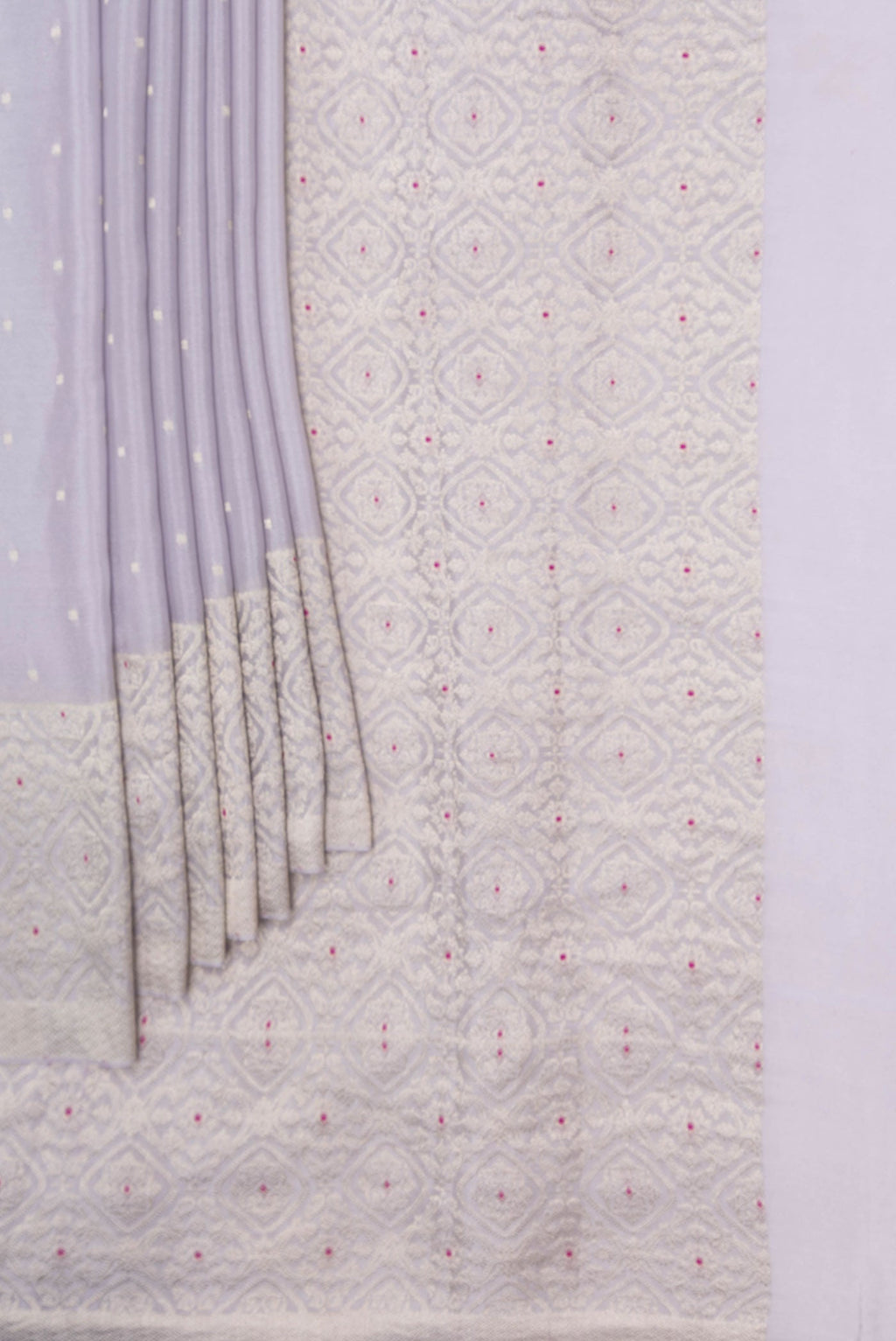 Pleats and pallu of Grey Dual Tone Banarasi Georgette Saree with Zari Butta on the body and Zari And Thread Border