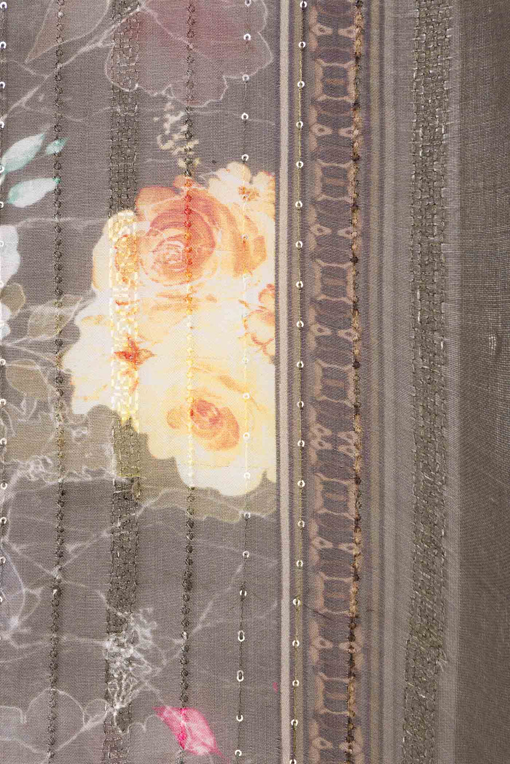 Border image of Brown Organza Silk Saree with Embroidery on the body and Embroidery Border