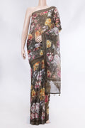 Brown Organza Silk Saree with Embroidery on the body and Embroidery Border displayed on a mannequin