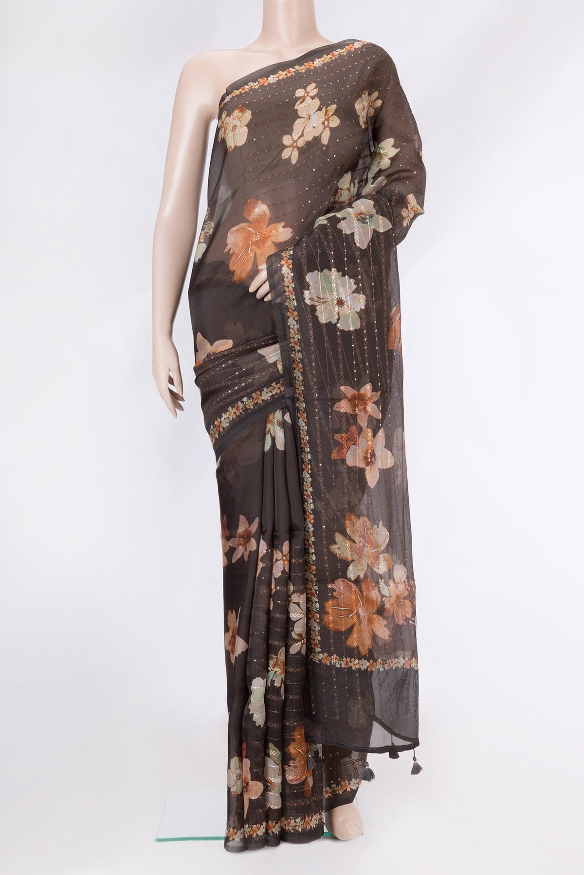 Brown Dual Tone Organza Silk Saree with Embroidery on the body and Without Border.  displayed on a mannequin