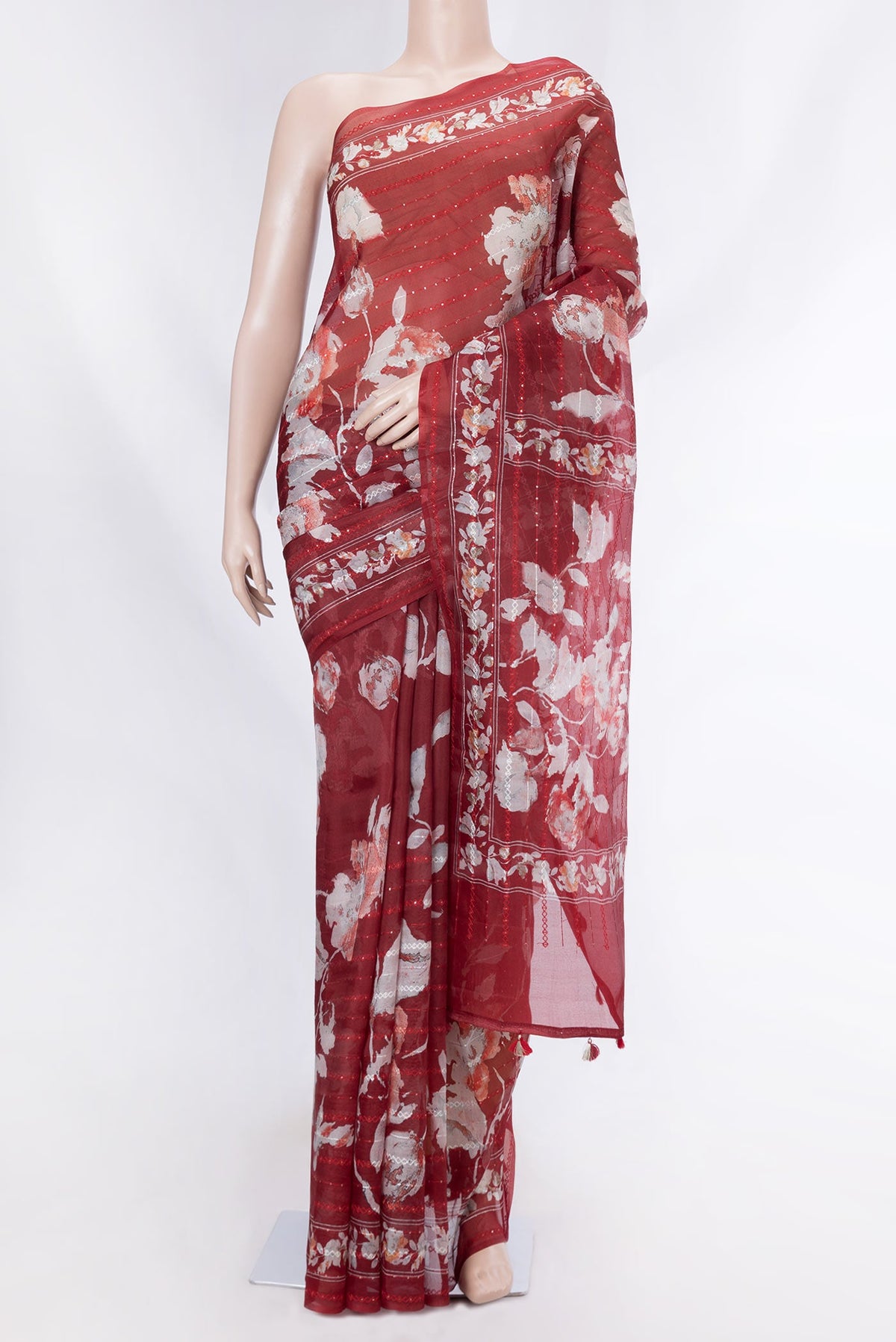 Red Dual Tone Organza Silk Saree with Printed design on the body and Embroidery Border displayed on a mannequin