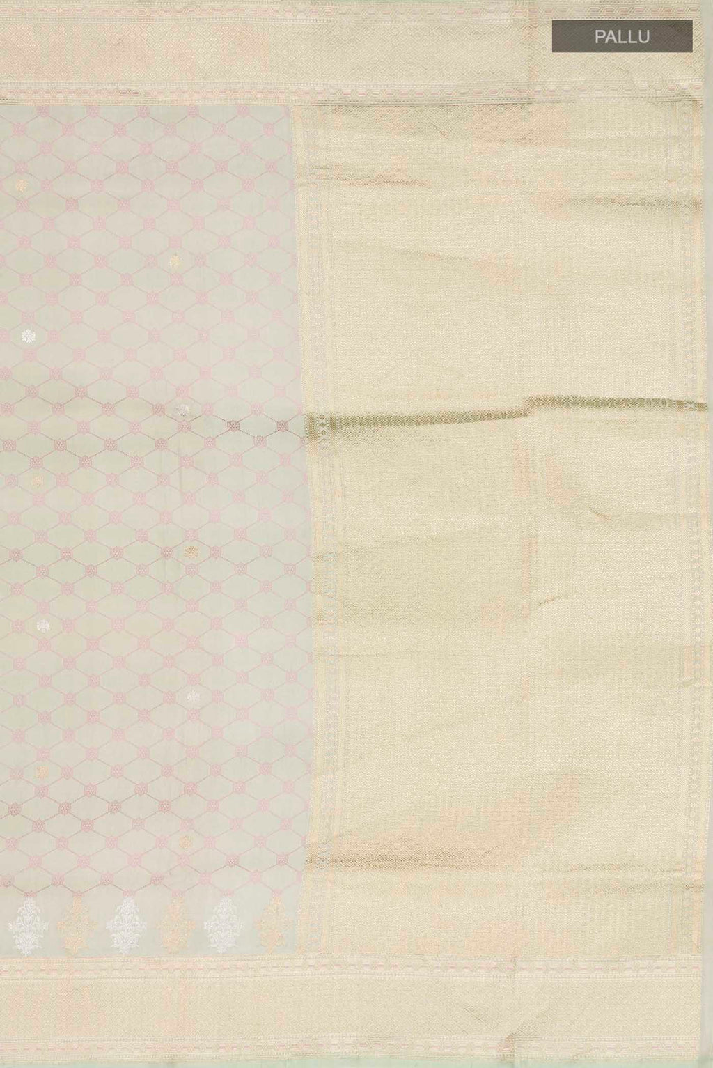 Close up image of the pallu of Green Banarasi Silk Saree with Zari Butta on the body and Zari Border