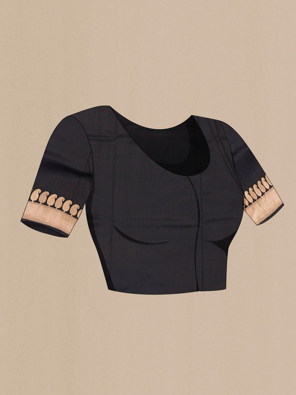 Close up image of the blouse of Black Banarasi Katan Silk Saree with Zari Butta on the body and Zari Border