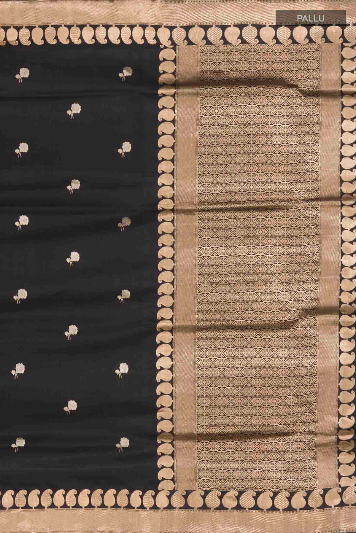 Close up image of the pallu of Black Banarasi Katan Silk Saree with Zari Butta on the body and Zari Border