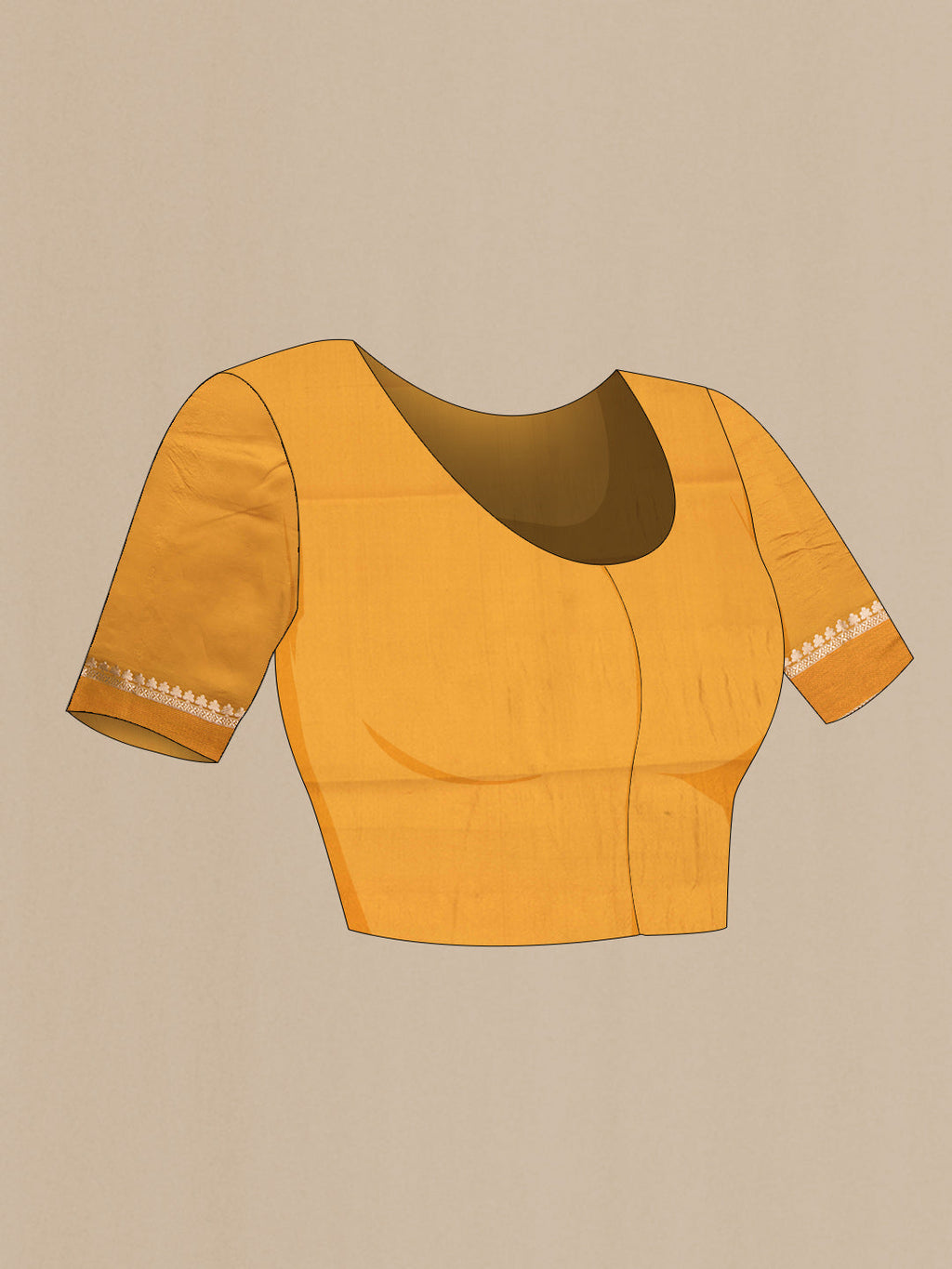 Close up image of the blouse of Mustard Banarasi Raw Silk Saree with Zari Butta on the body and Zari And Thread Border