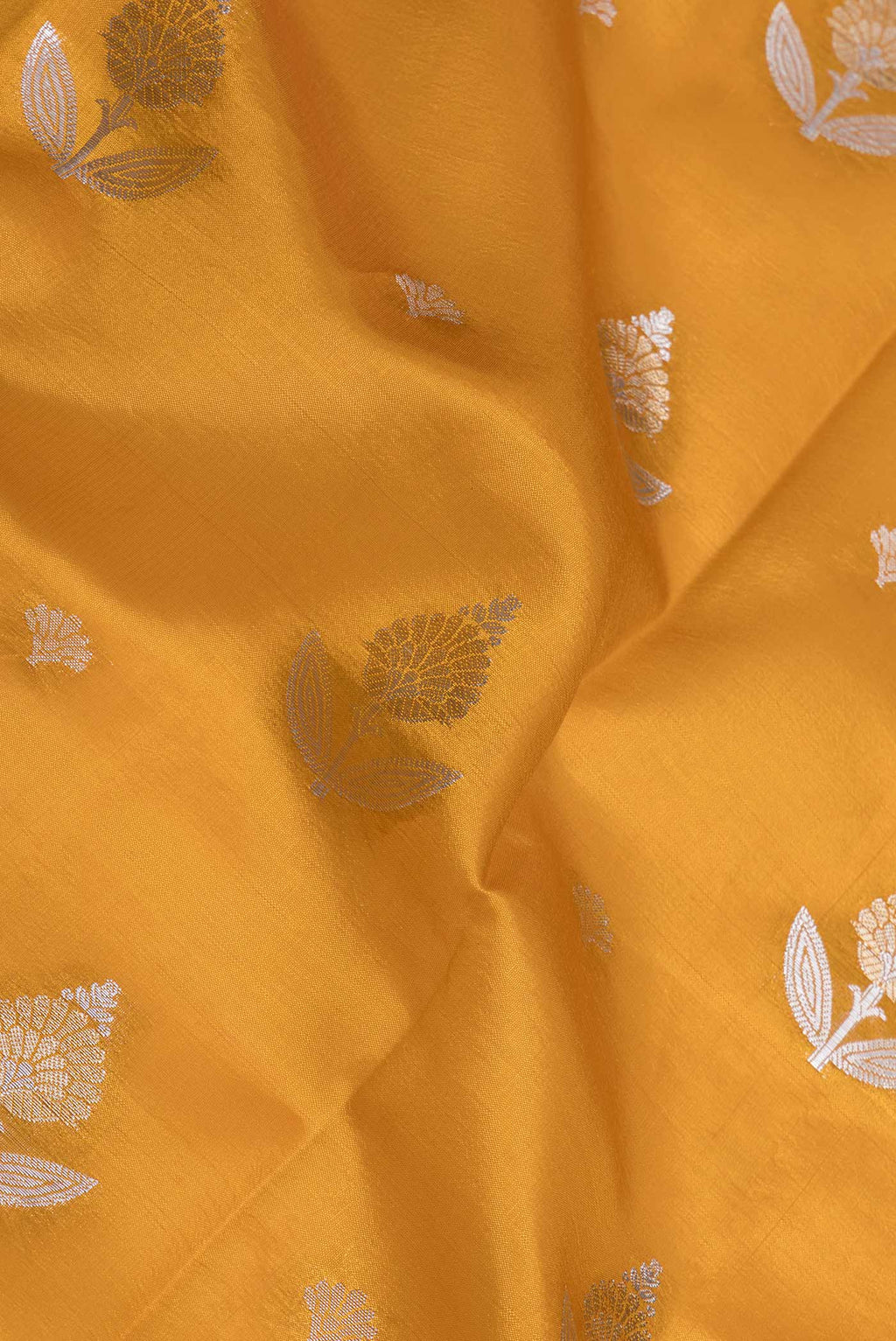 Close up of Mustard Banarasi Raw Silk Saree with Zari Butta on the body and Zari And Thread Border displaying folds