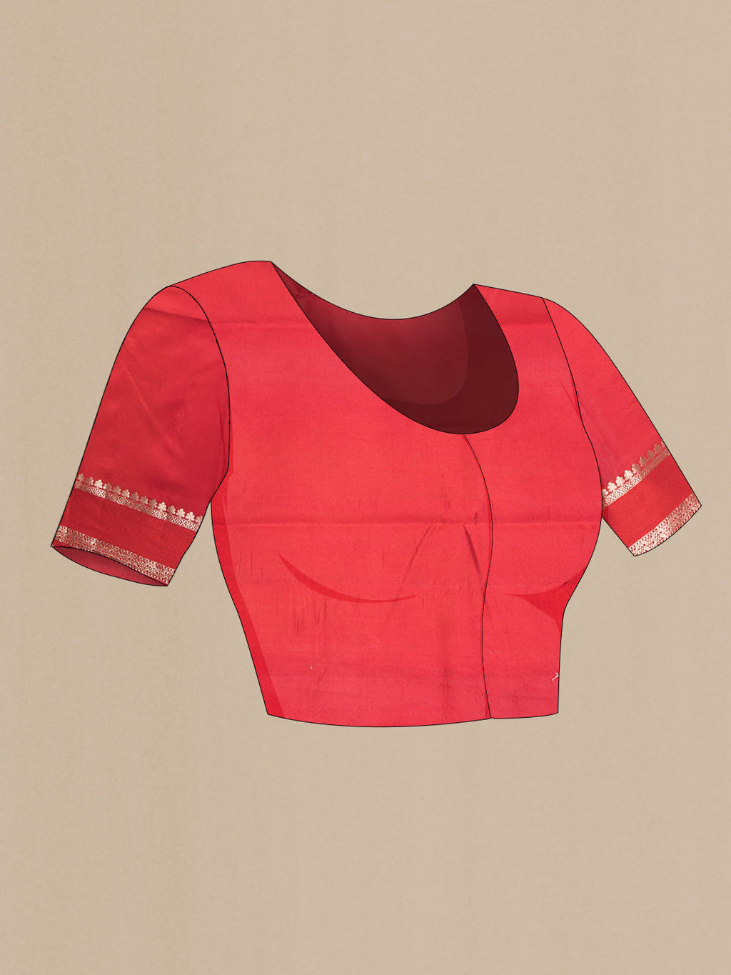Close up image of the blouse of Red Banarasi Raw Silk Saree with Zari Butta on the body and Zari Border