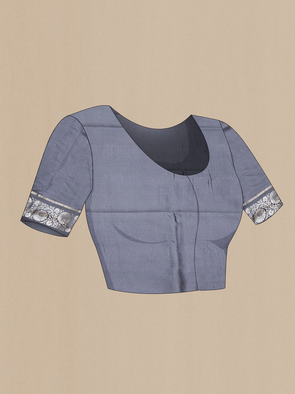 Close up image of the blouse of Grey Banarasi Raw Silk Saree with Zari Butta on the body and Zari Border