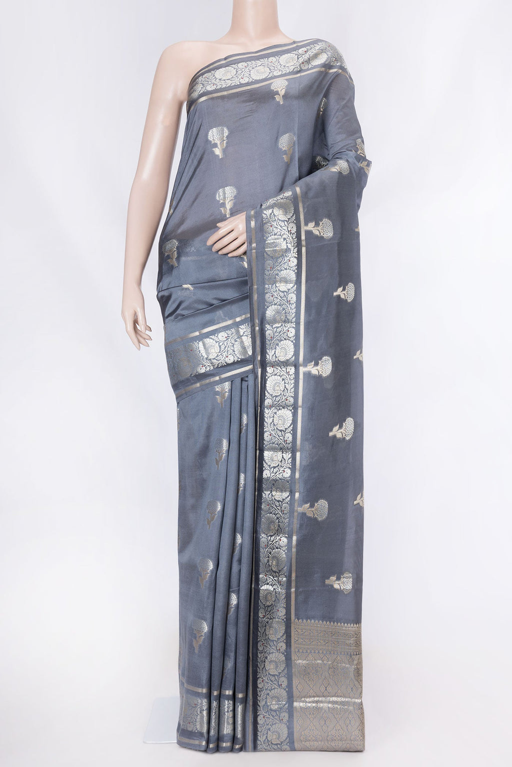 Grey Banarasi Raw Silk Saree with Zari Butta on the body and Zari Border displayed on a mannequin