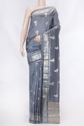 Grey Banarasi Raw Silk Saree with Zari Butta on the body and Zari Border displayed on a mannequin