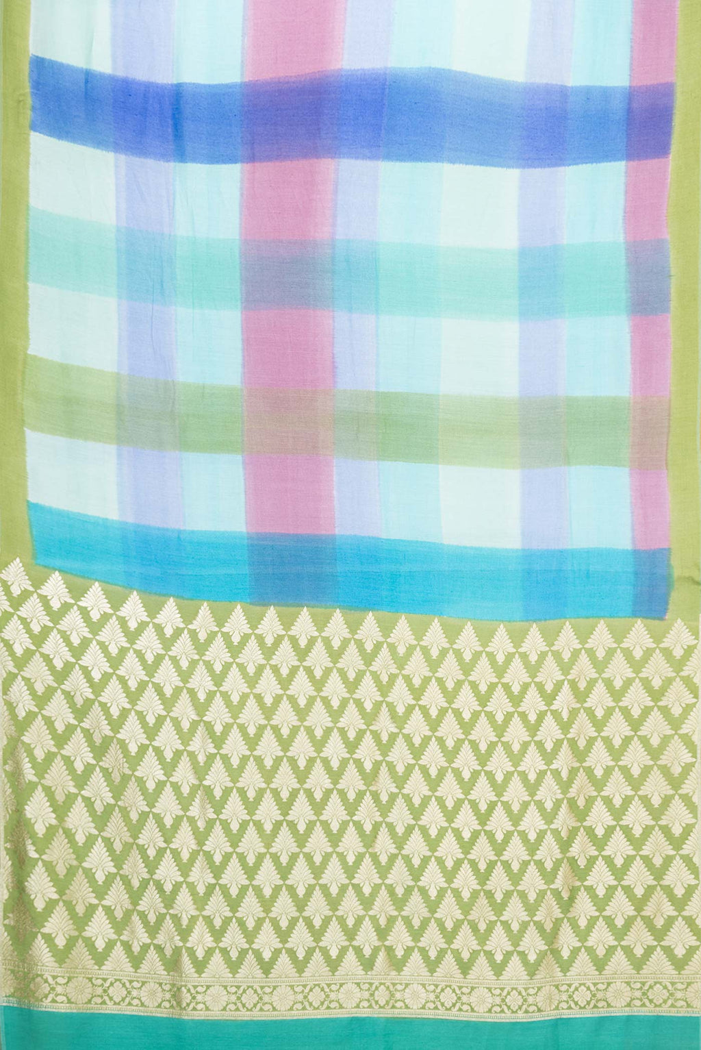 Flat view of Sky Blue, Pink and Green Color Tussar Silk Saree with Printed design on the body and Zari Border