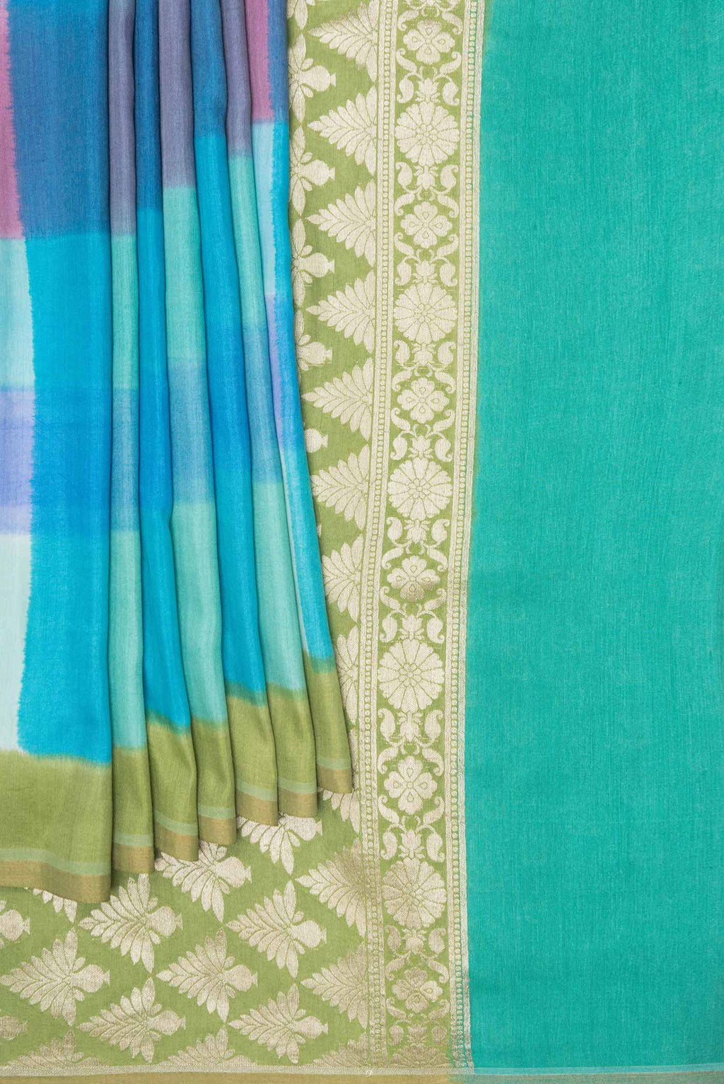 Pleats and pallu of Sky Blue, Pink and Green Color Tussar Silk Saree with Printed design on the body and Zari Border