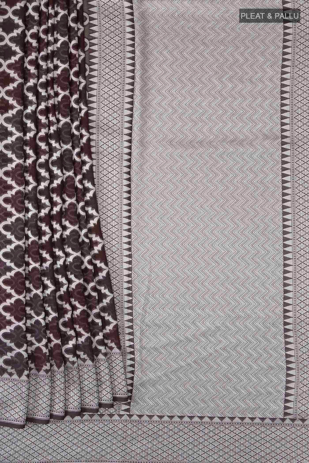 Pleats and pallu of Brown Banarasi Georgette Saree with Thread Butta on the body and Thread Border