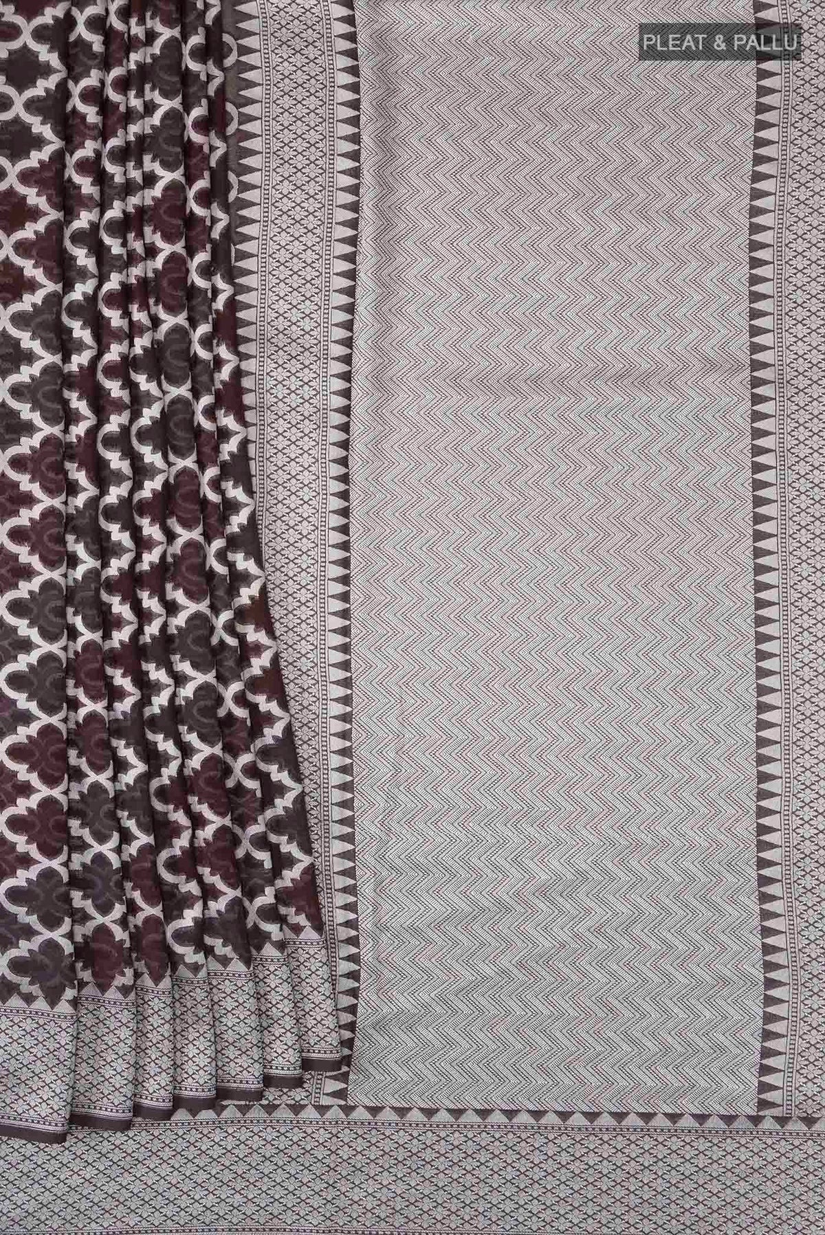 Pleats and pallu of Brown Banarasi Georgette Saree with Thread Butta on the body and Thread Border