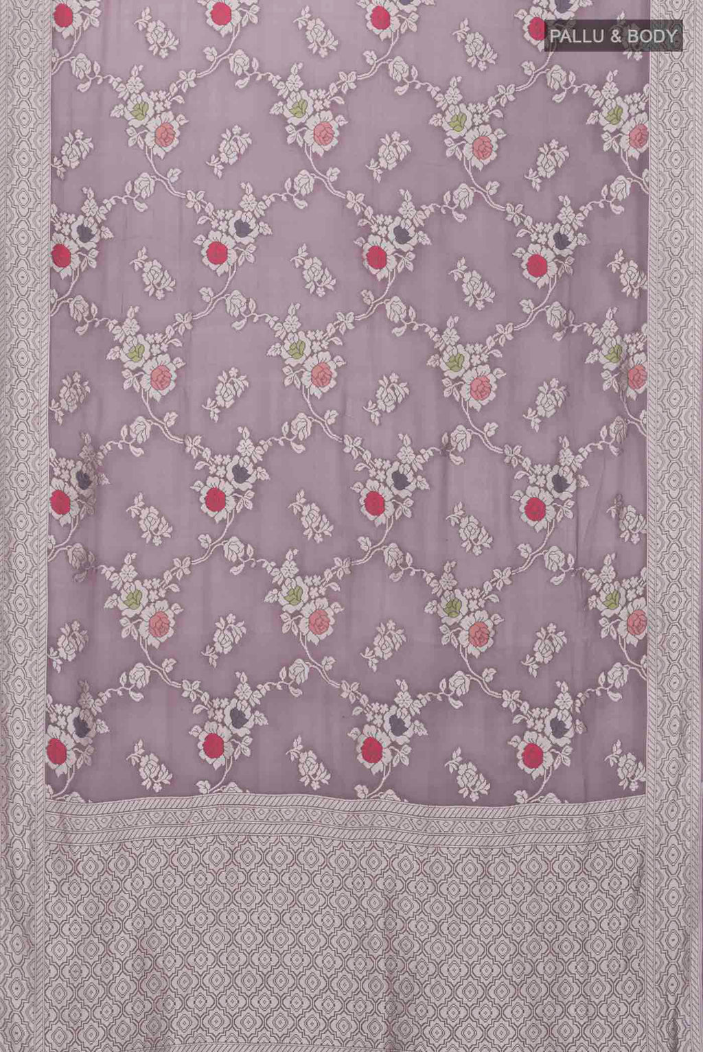 Flat view of Lilac Banarasi Georgette Saree with Zari Butta on the body and Zari Border