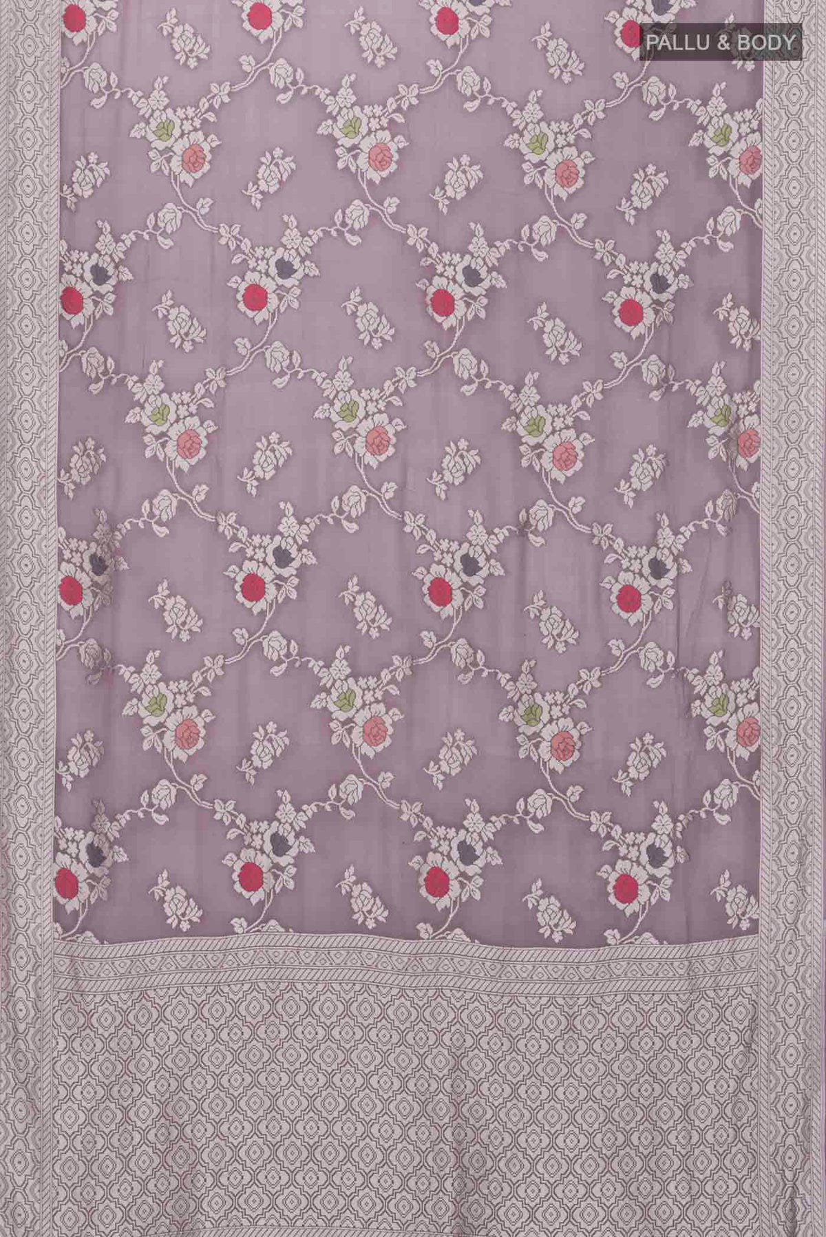 Flat view of Lilac Banarasi Georgette Saree with Zari Butta on the body and Zari Border