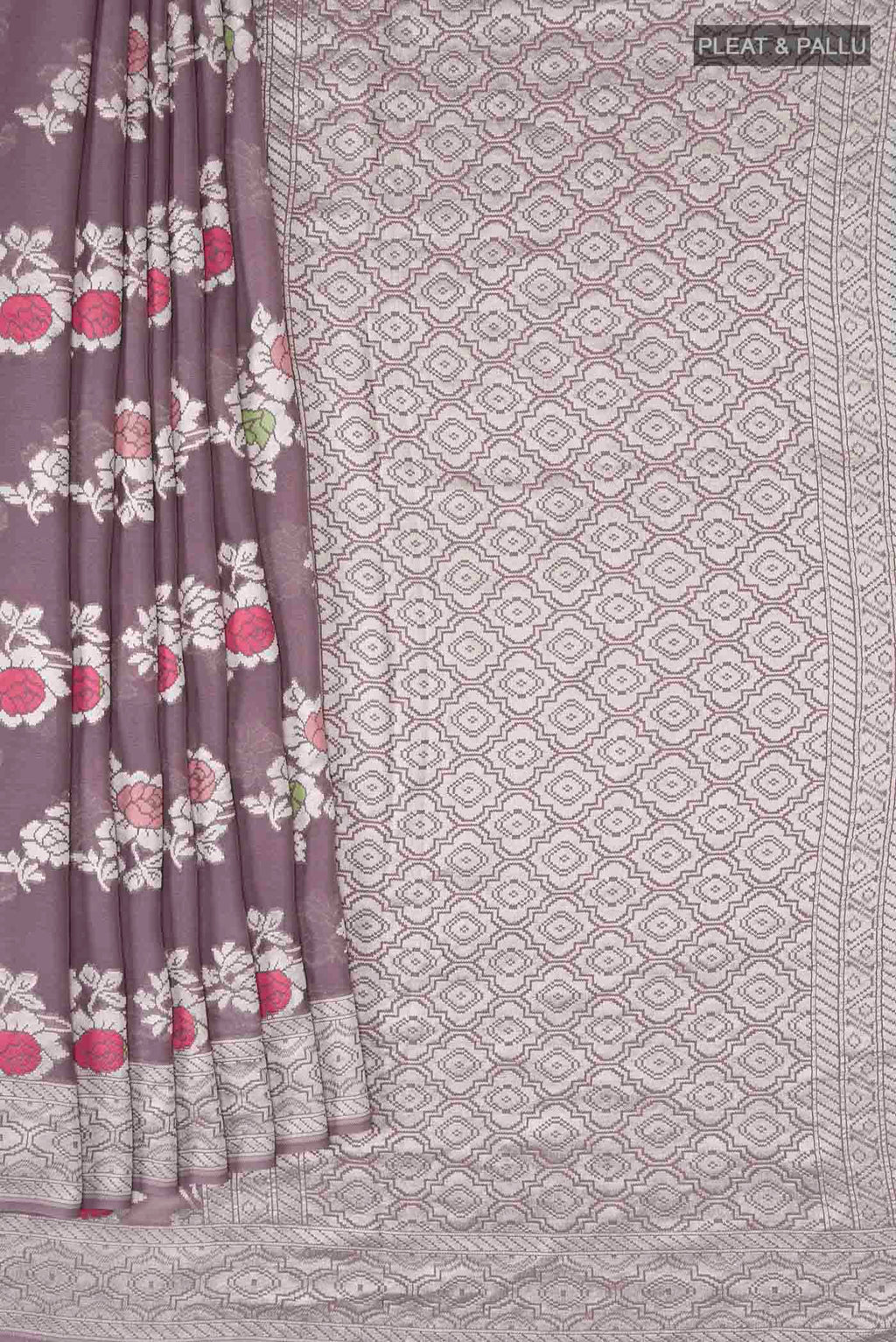 Pleats and pallu of Lilac Banarasi Georgette Saree with Zari Butta on the body and Zari Border