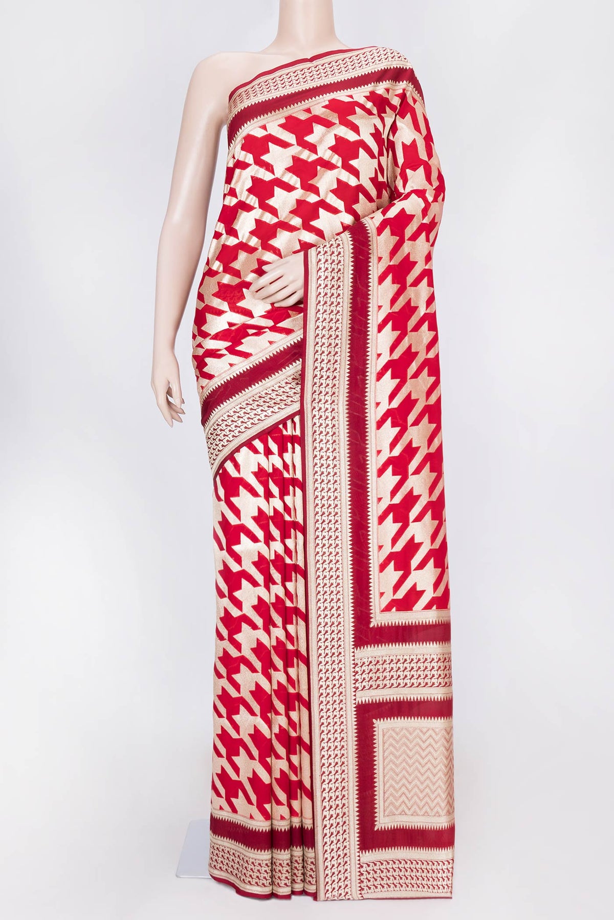 Red Dual Tone Banarasi Silk Saree with Zari Butta on the body and Zari Border displayed on a mannequin