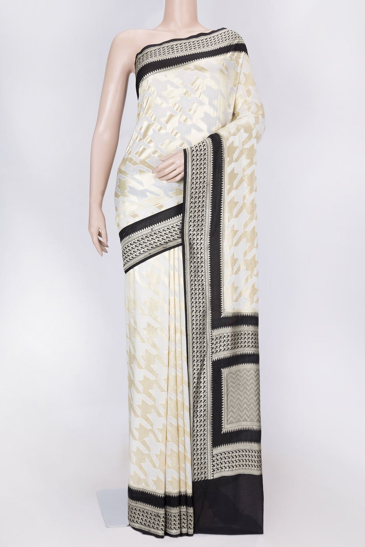 Off White Dual Tone Banarasi Silk Saree with Zari Brocade on the body and Zari Border displayed on a mannequin