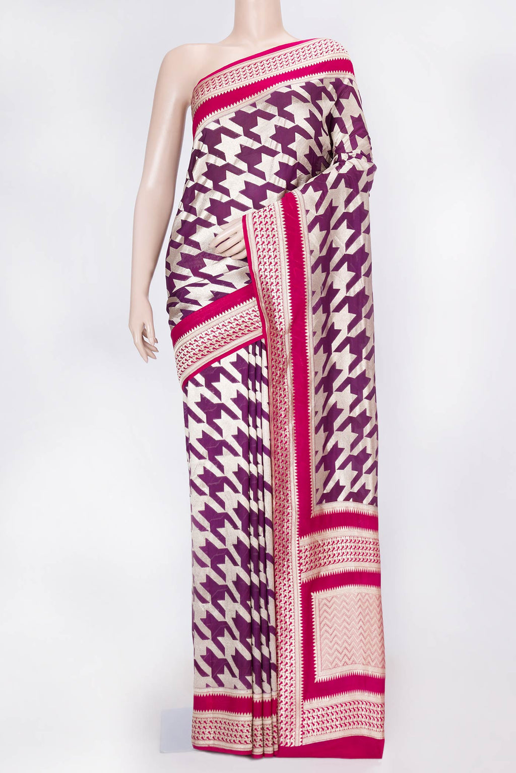 Purple Dual Tone Banarasi Silk Saree with Zari Brocade on the body and Zari Border displayed on a mannequin