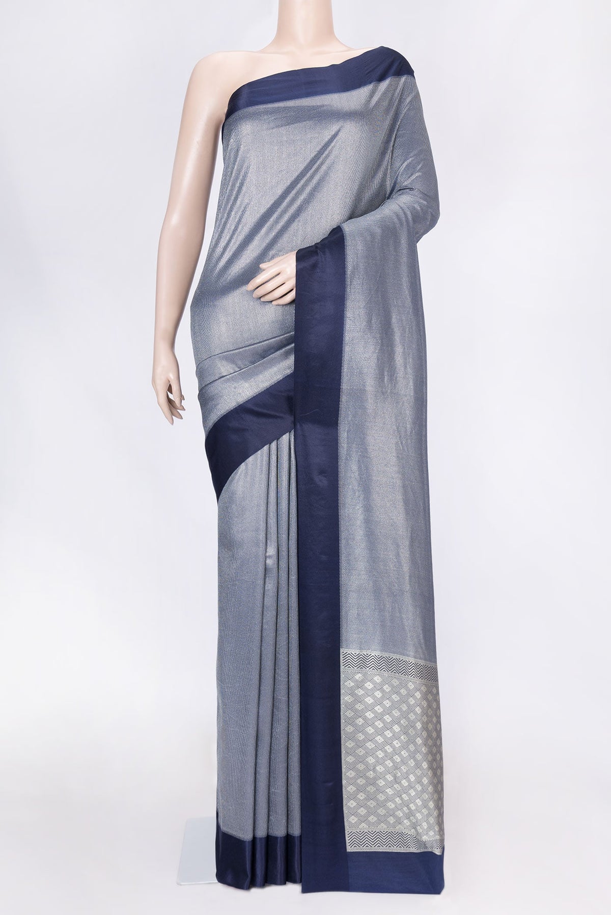 Navy Blue Dual Tone Banarasi Silk Saree with Zari Brocade on the body and Plain Border displayed on a mannequin