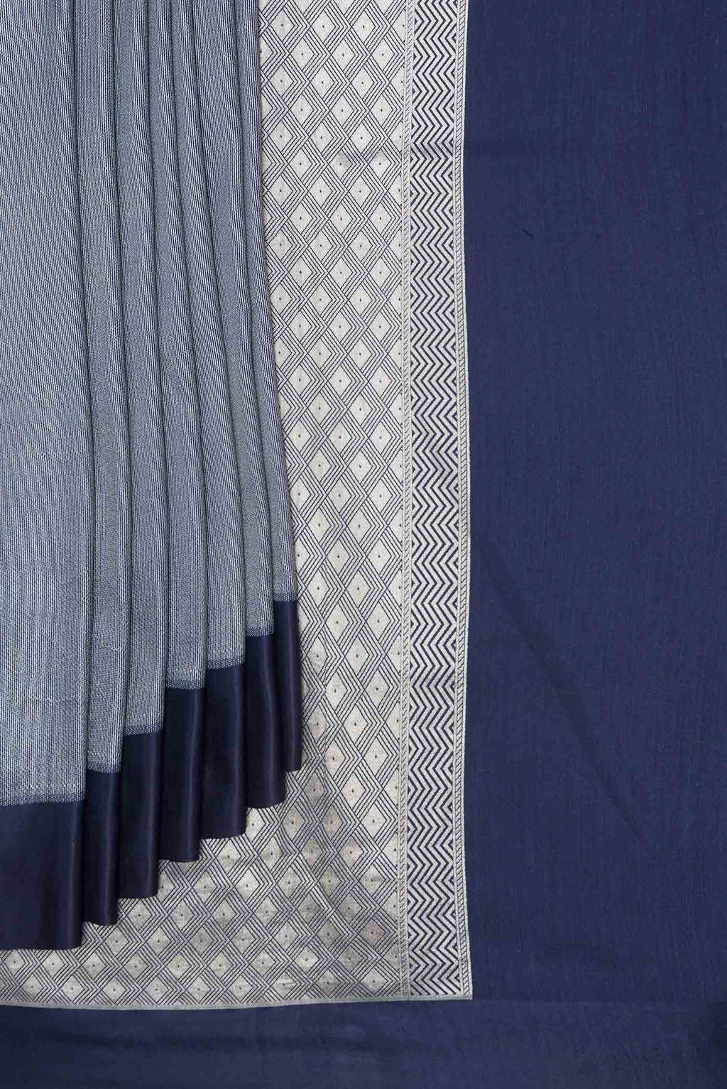 Pleats and pallu of Navy Blue Dual Tone Banarasi Silk Saree with Zari Brocade on the body and Plain Border