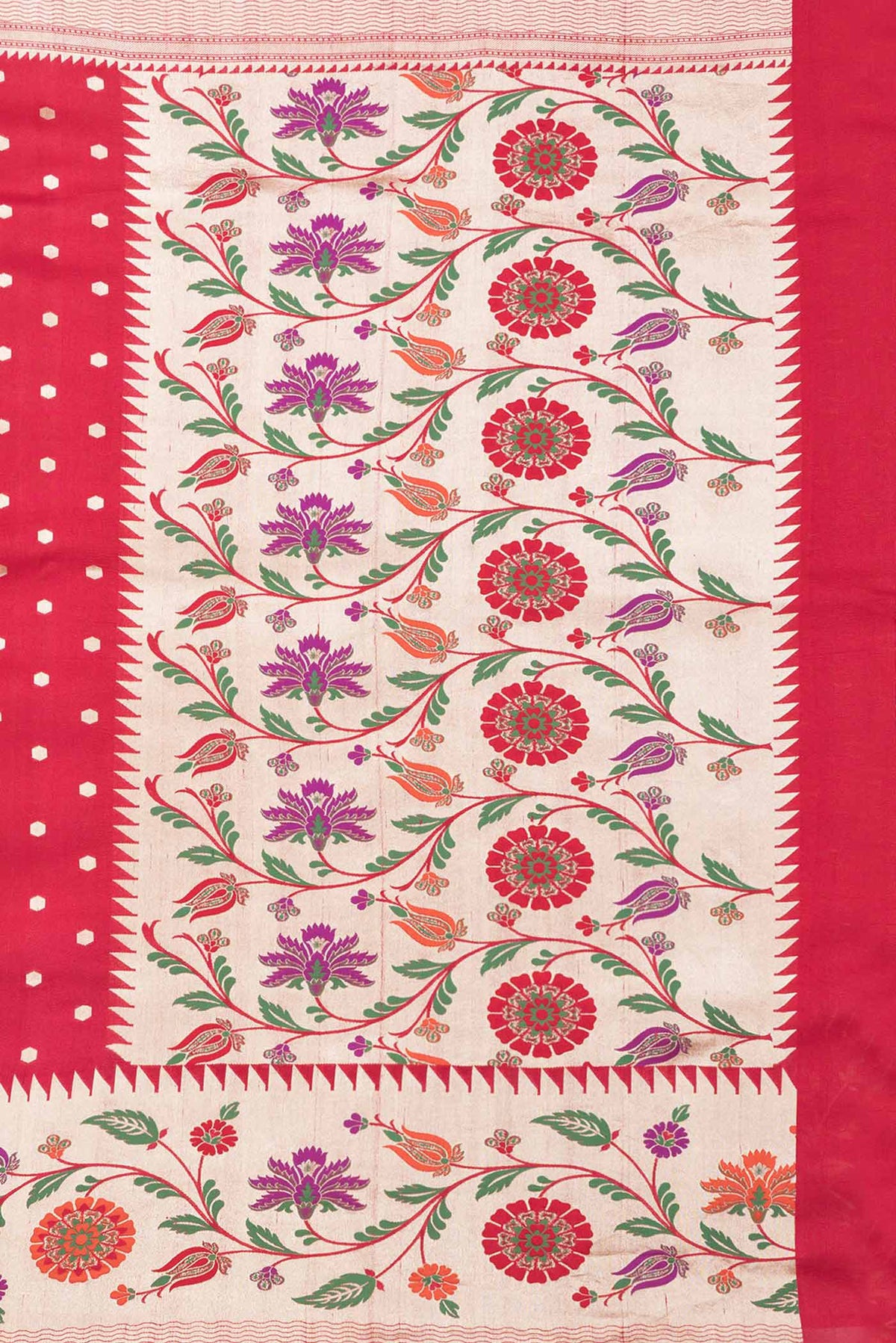 Close up image of the pallu of Red Dual Tone Tussar Saree with Zari Butta on the body and Fancy Border. 