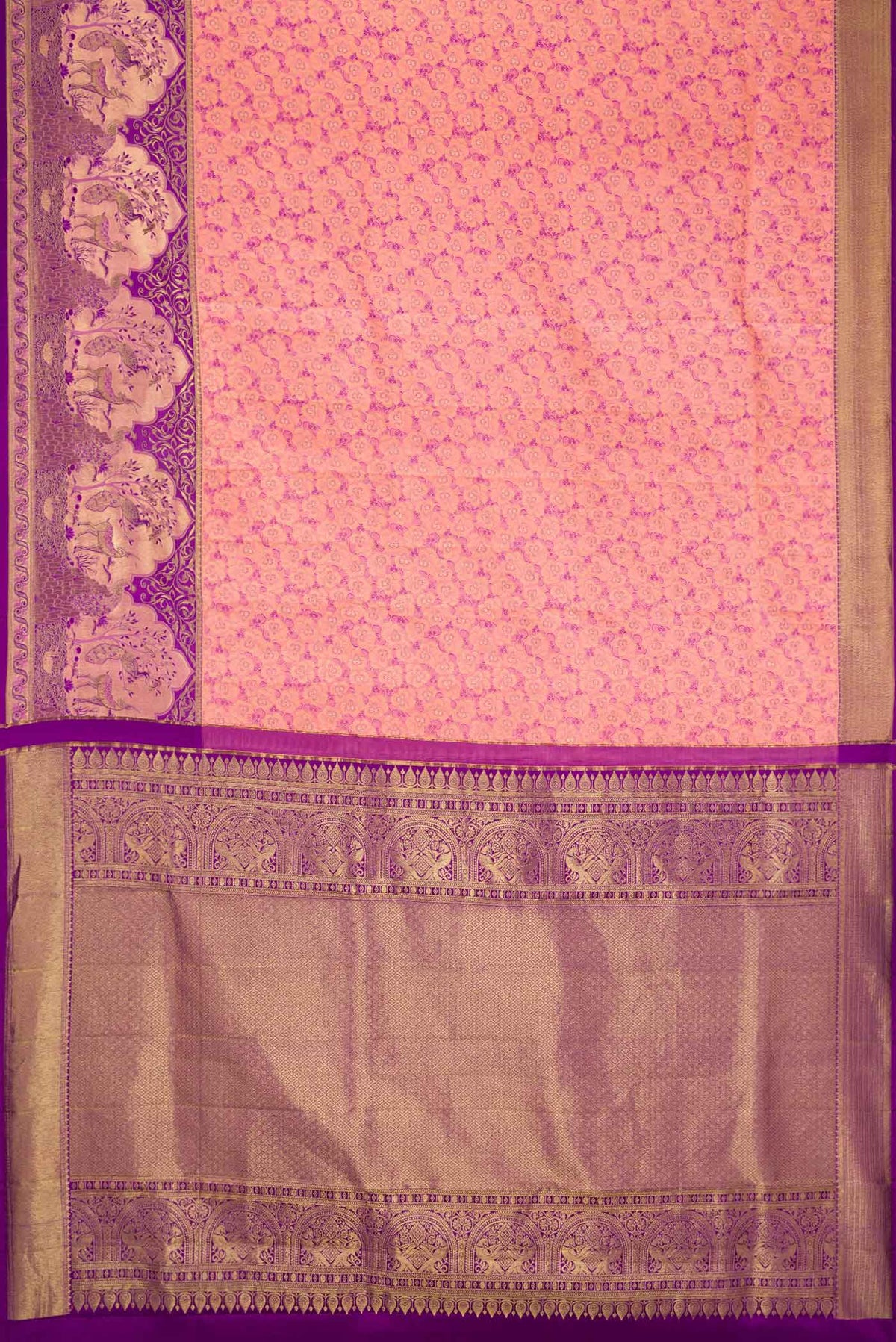 Flat view of Golden Peach Dual Tone Kanchipuram Silk Saree with Zari Brocade on the body and Fancy Border