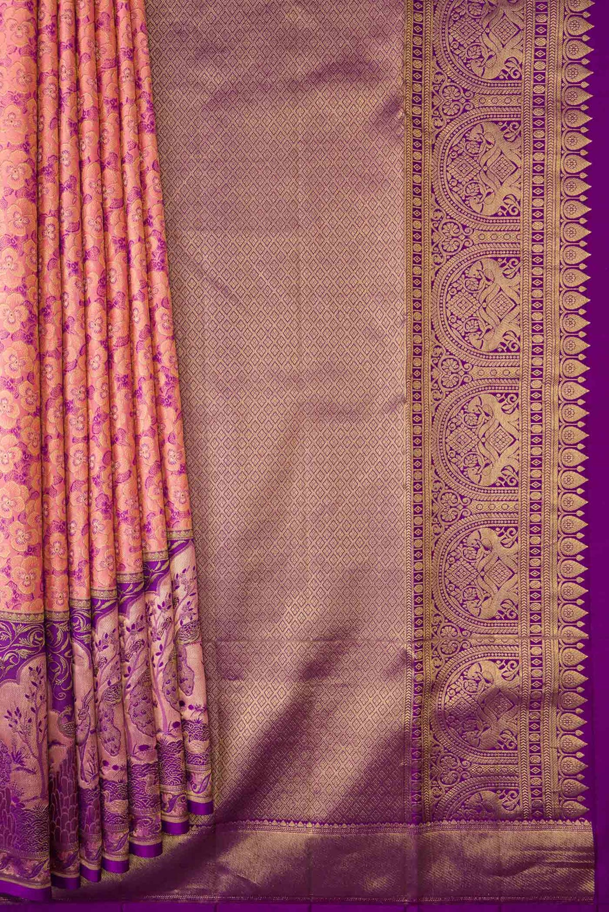 Pleats and pallu of Golden Peach Dual Tone Kanchipuram Silk Saree with Zari Brocade on the body and Fancy Border