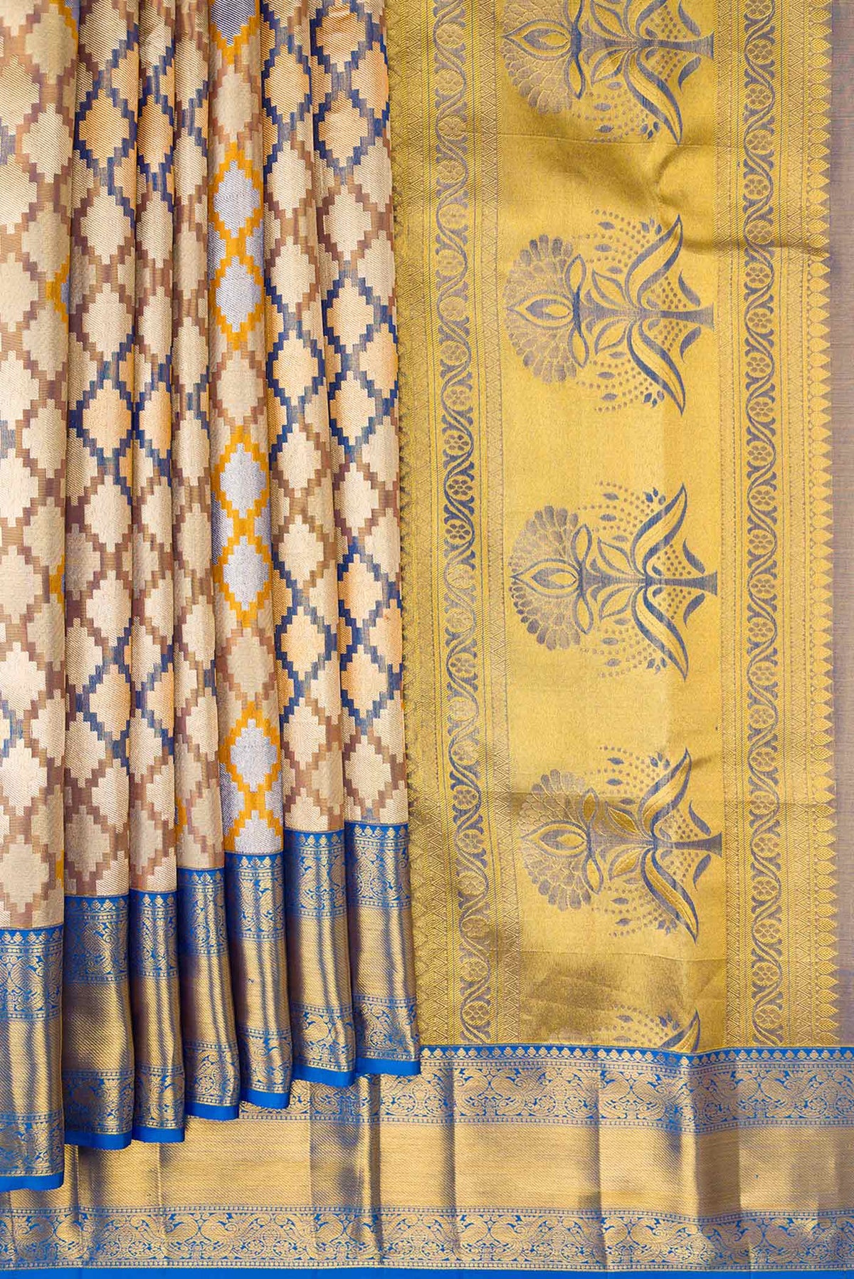 Pleats and pallu of Gold Dual Tone Kanjivaram Tissue Silk Saree with Zari Brocade on the body and Zari Border. 