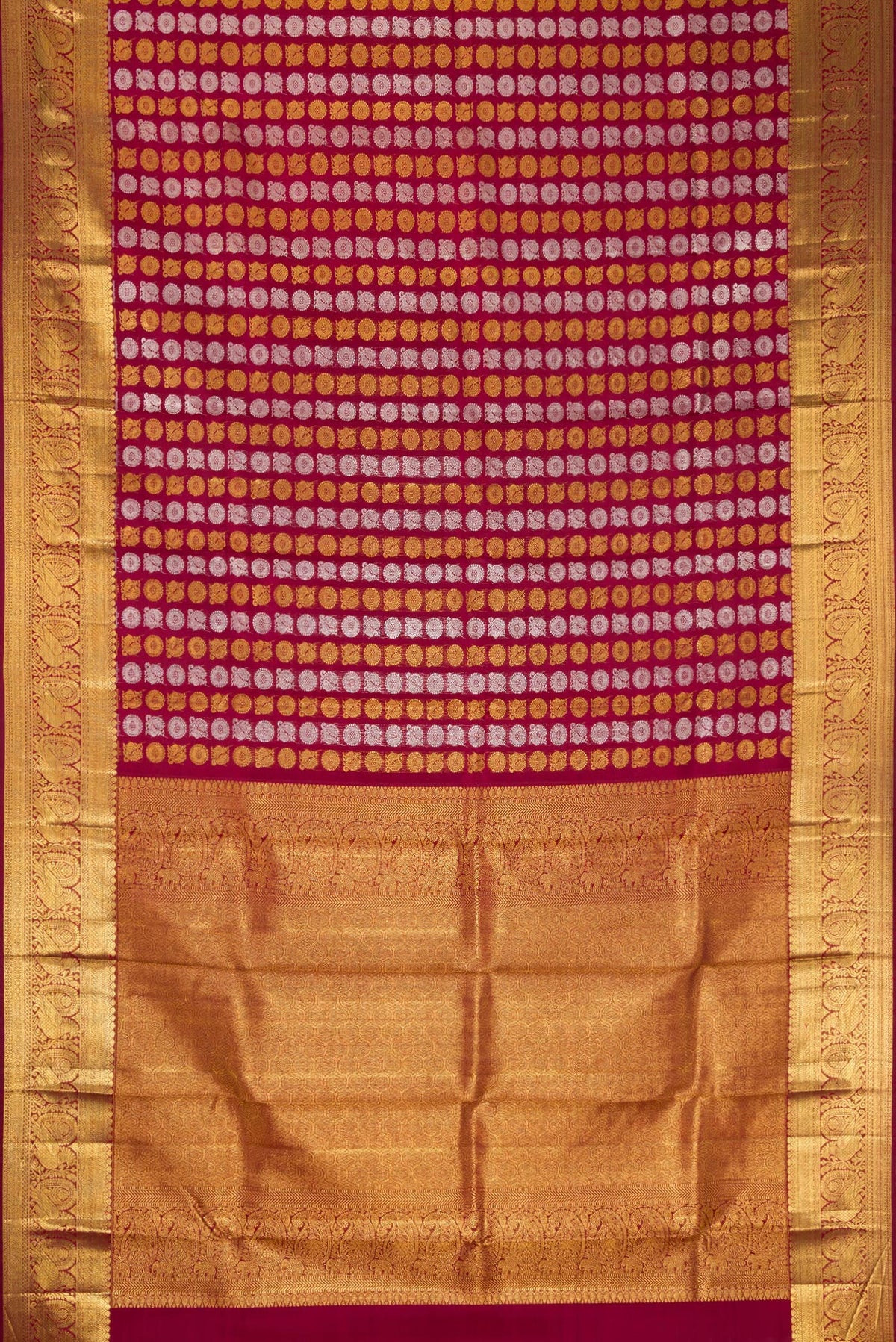 Flat view of Maroon Dual Tone Kanchipuram Silk Saree with Zari Brocade on the body and Zari Border. 