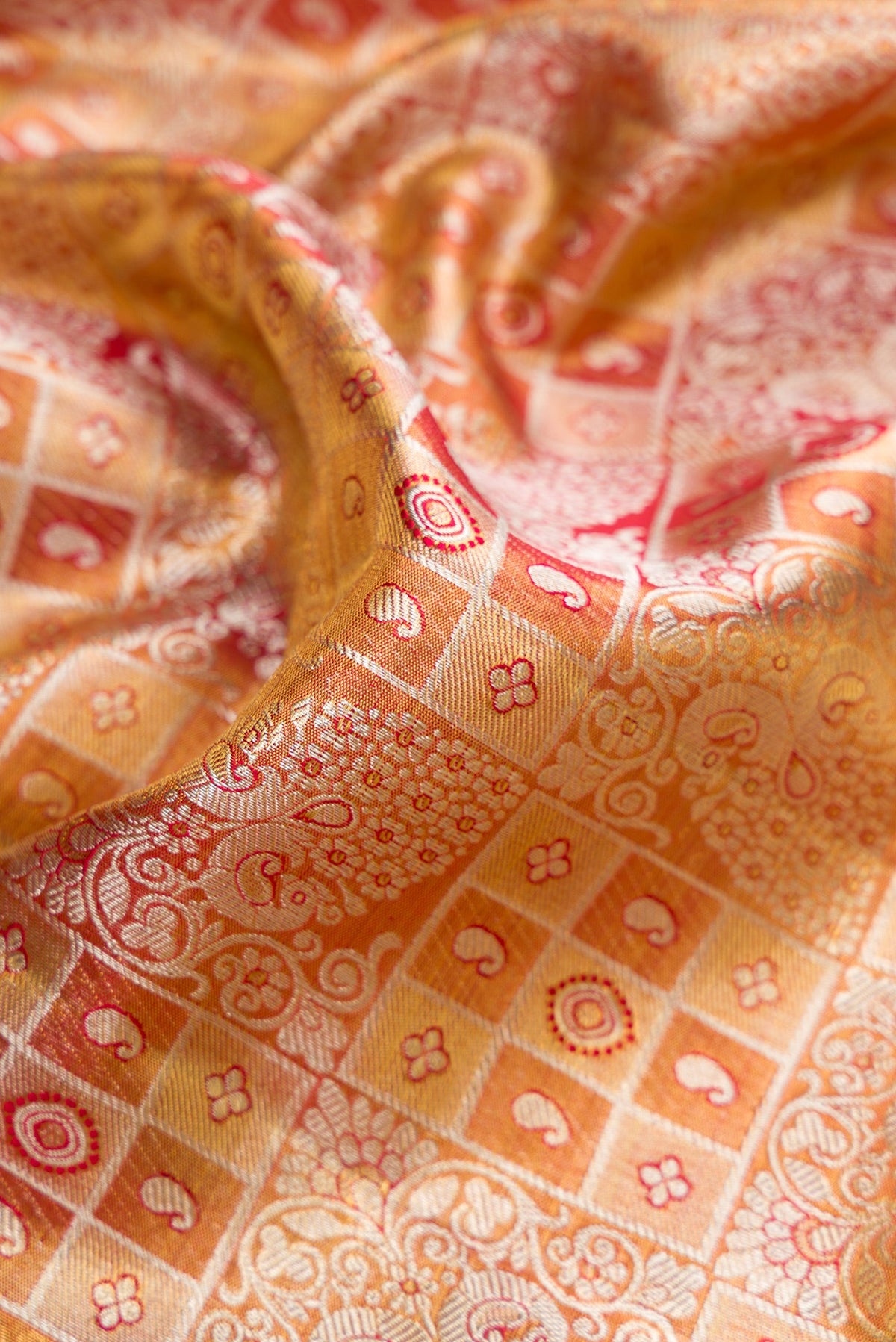 Close up of Gold Dual Tone Kanjivaram Tissue Silk Saree with Zari Brocade on the body and Zari Border.  displaying folds
