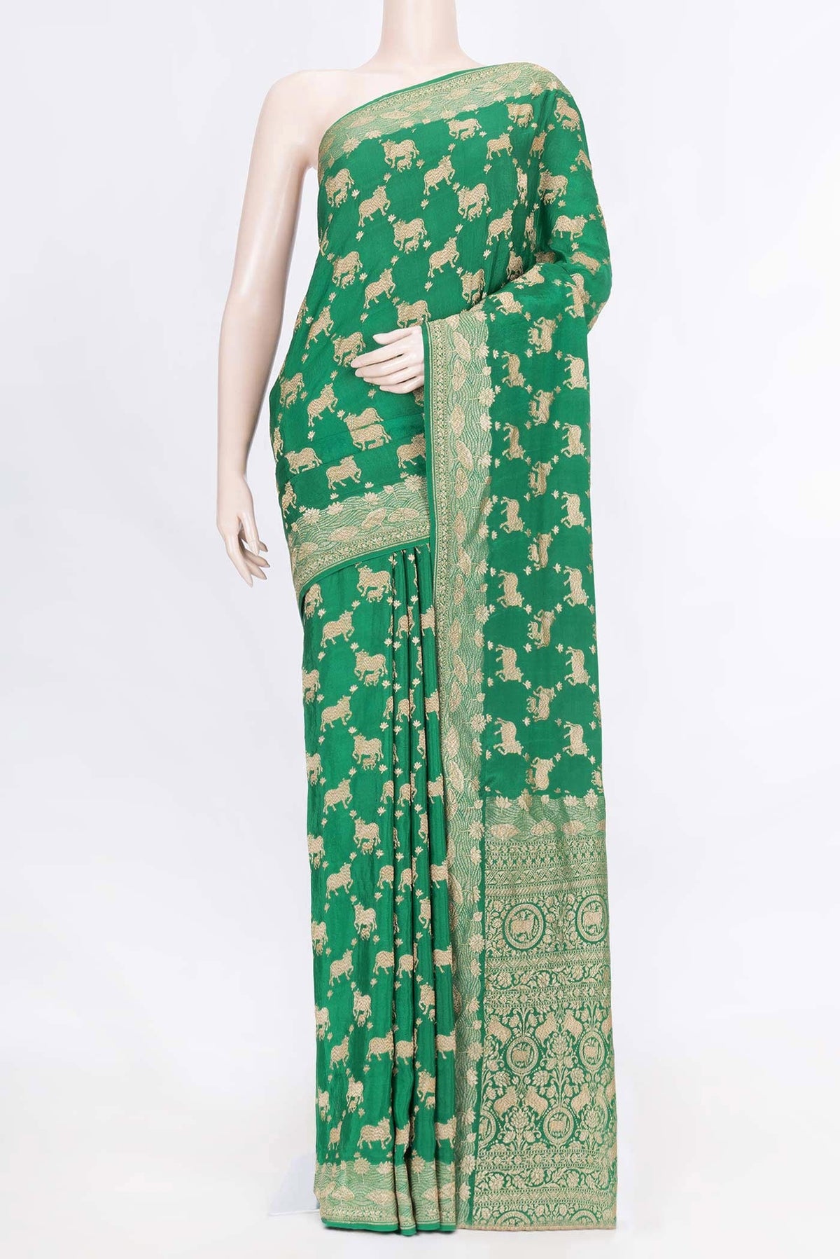 Green Dual Tone Banarasi Georgette Saree with Zari Brocade on the body and Zari Border displayed on a mannequin