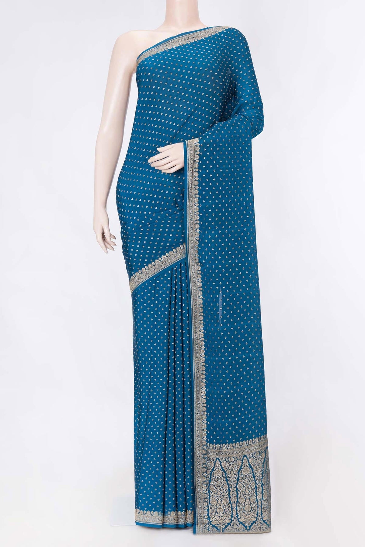 Peacock Blue Dual Tone Georgette Saree with Zari Butta on the body and Zari Border displayed on a mannequin