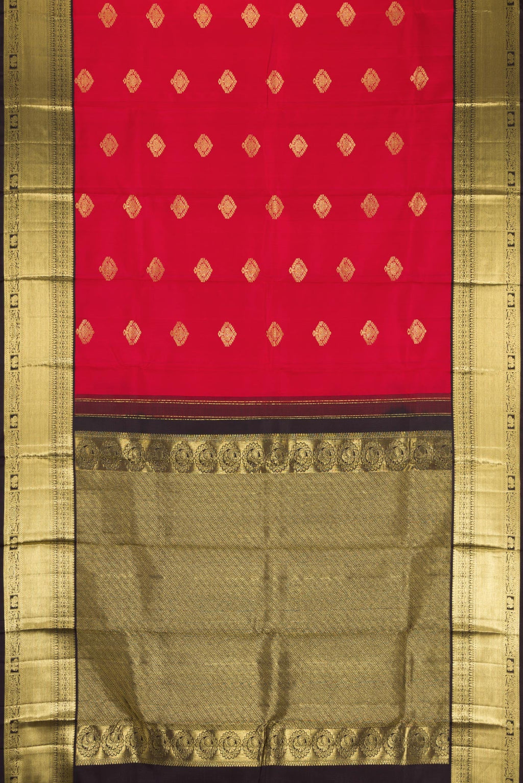Flat view of Maroon Dual Tone Kanjivaram Silk Saree with Zari Butta on the body and Fancy Border. 