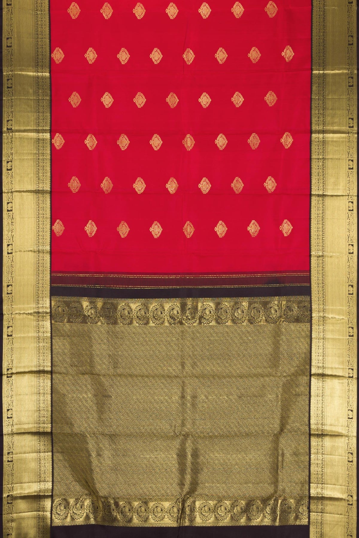 Flat view of Maroon Dual Tone Kanjivaram Silk Saree with Zari Butta on the body and Fancy Border. 