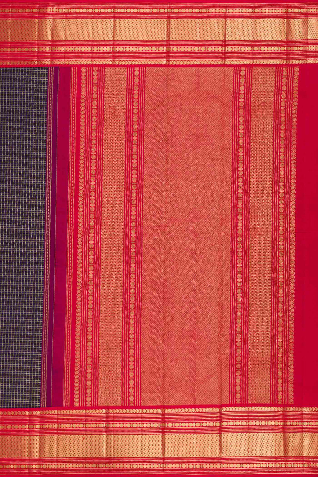 Close up image of the pallu of Navy Blue Dual Tone Kanchipuram Silk Saree with Checked design on the body and Zari Border