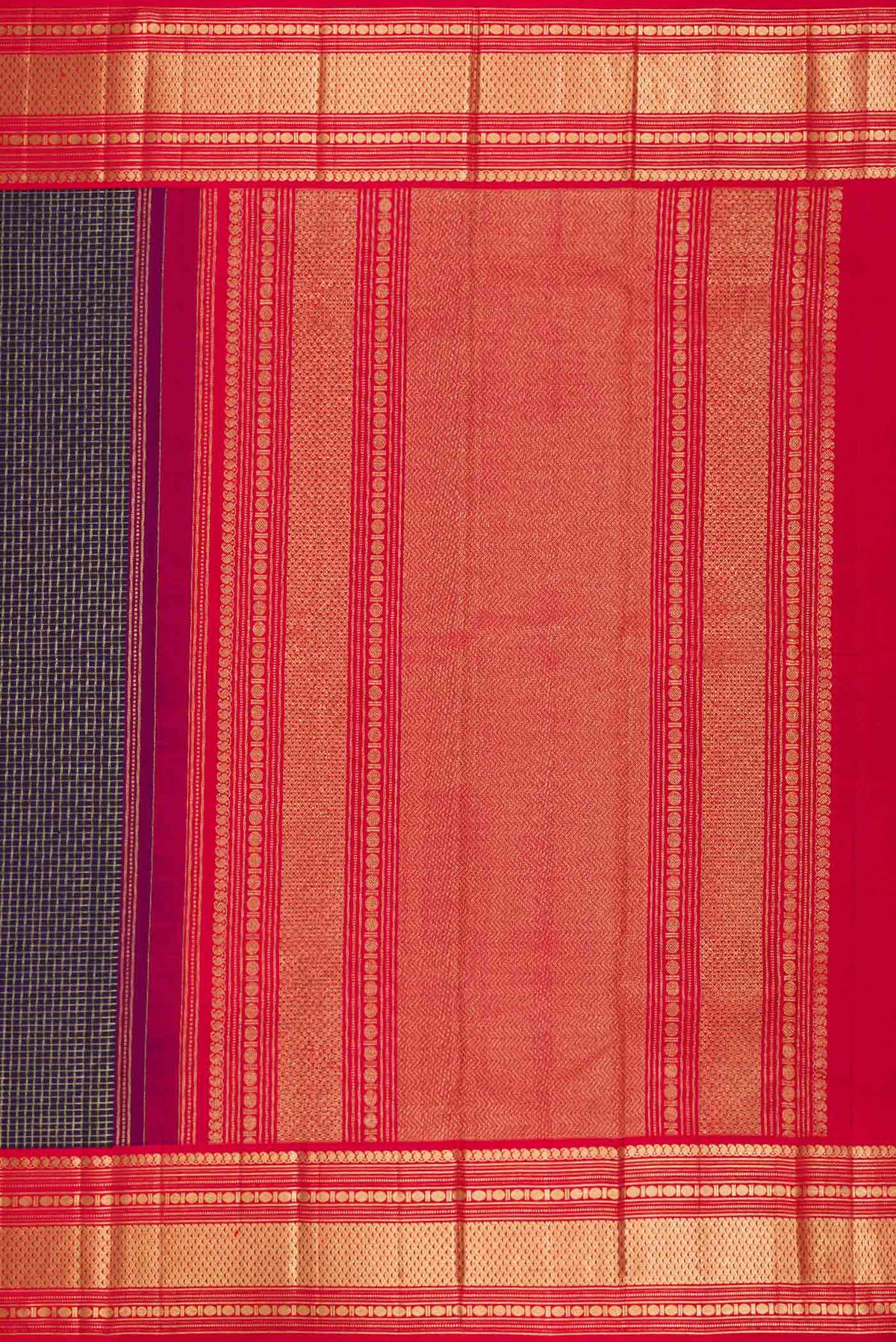 Close up image of the pallu of Navy Blue Dual Tone Kanchipuram Silk Saree with Checked design on the body and Zari Border