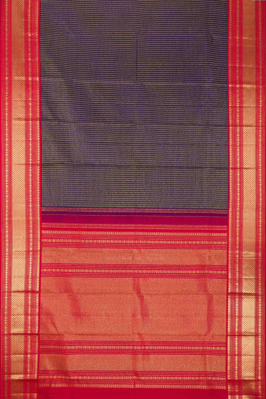 Flat view of Navy Blue Dual Tone Kanchipuram Silk Saree with Checked design on the body and Zari Border