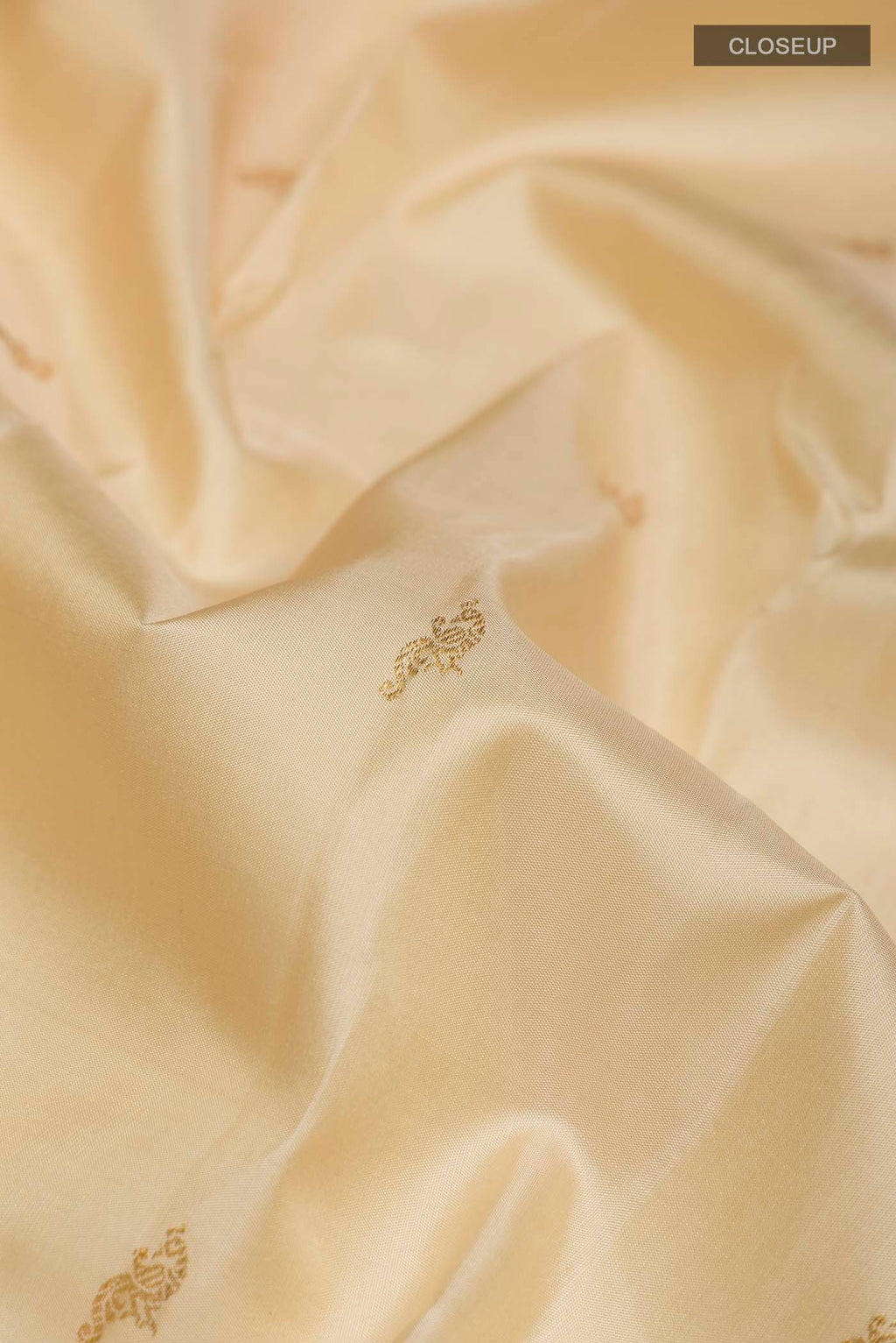 Close up of Cream Kanchipuram Silk Saree with Zari Butta on the body and Zari Border displaying folds