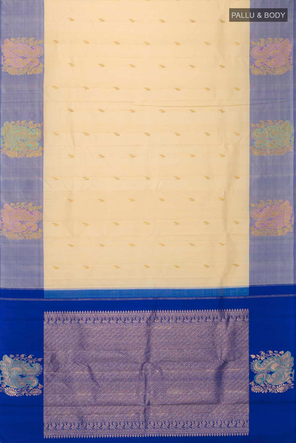 Flat view of Cream Kanchipuram Silk Saree with Zari Butta on the body and Zari Border